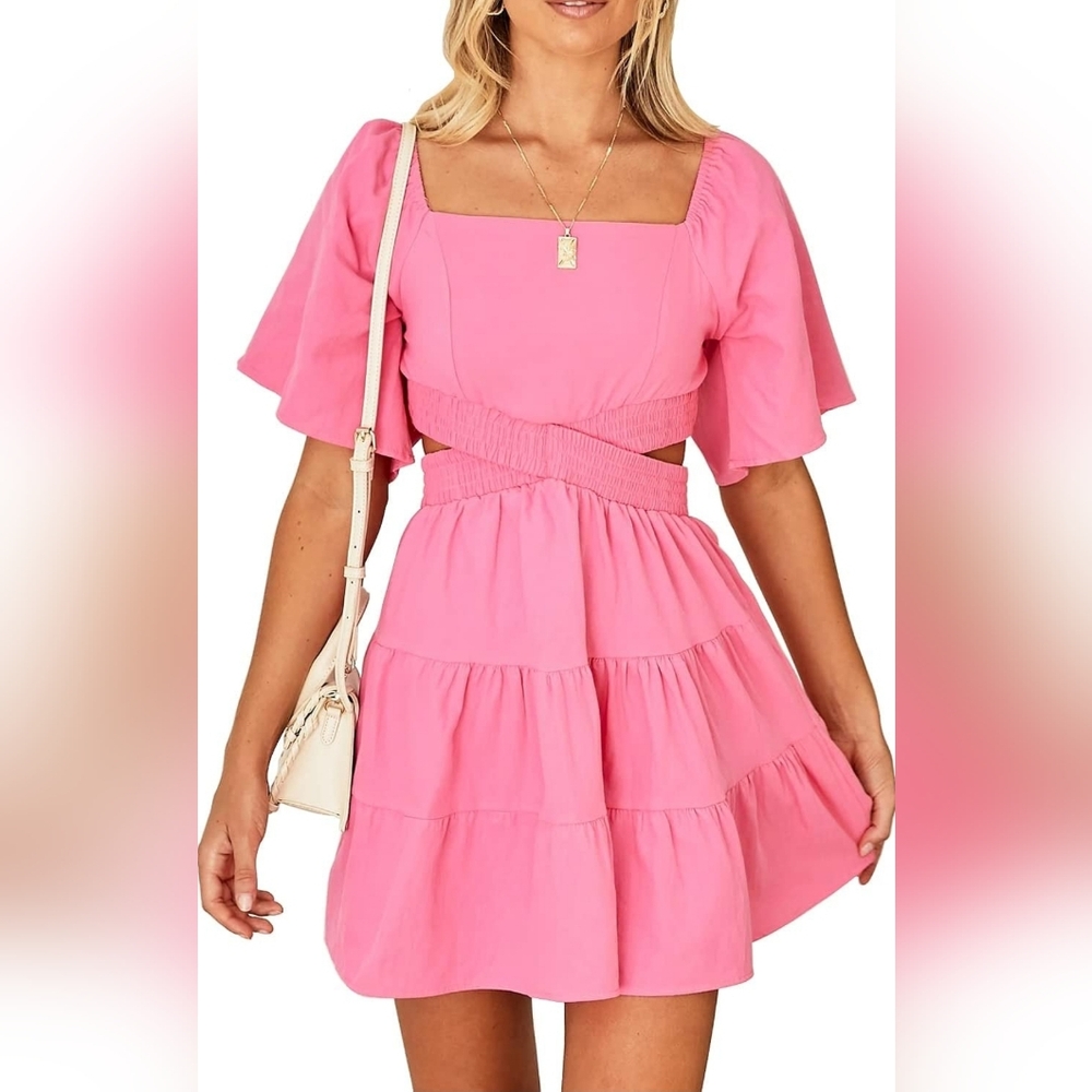 Summer Dress Square Neck Short Sleeves Crossover Waist Casual Party Mini Dress